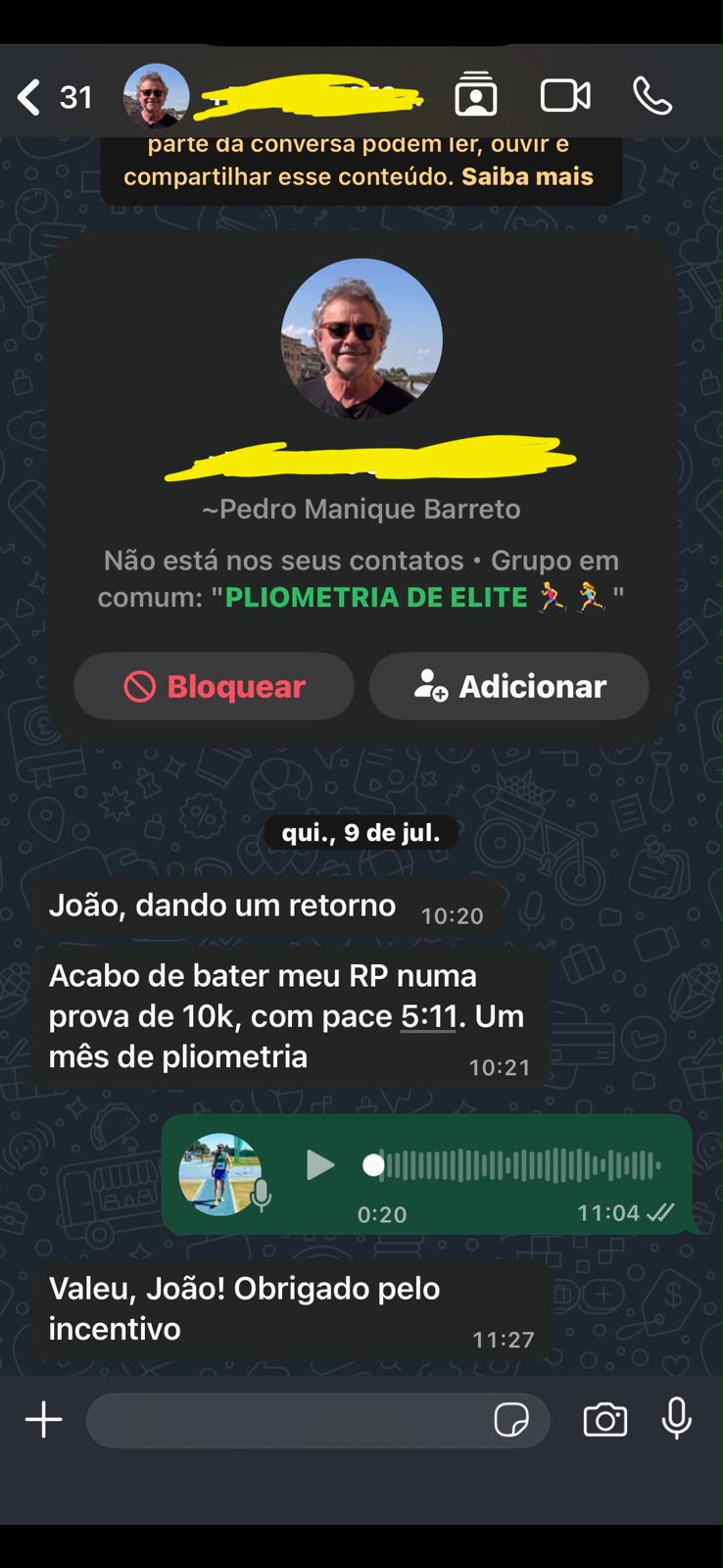 Depoimento real enviado pelo WhatsApp