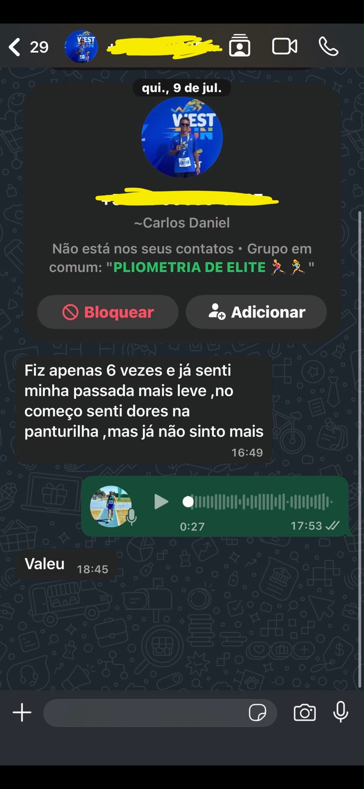 Depoimento real enviado pelo WhatsApp